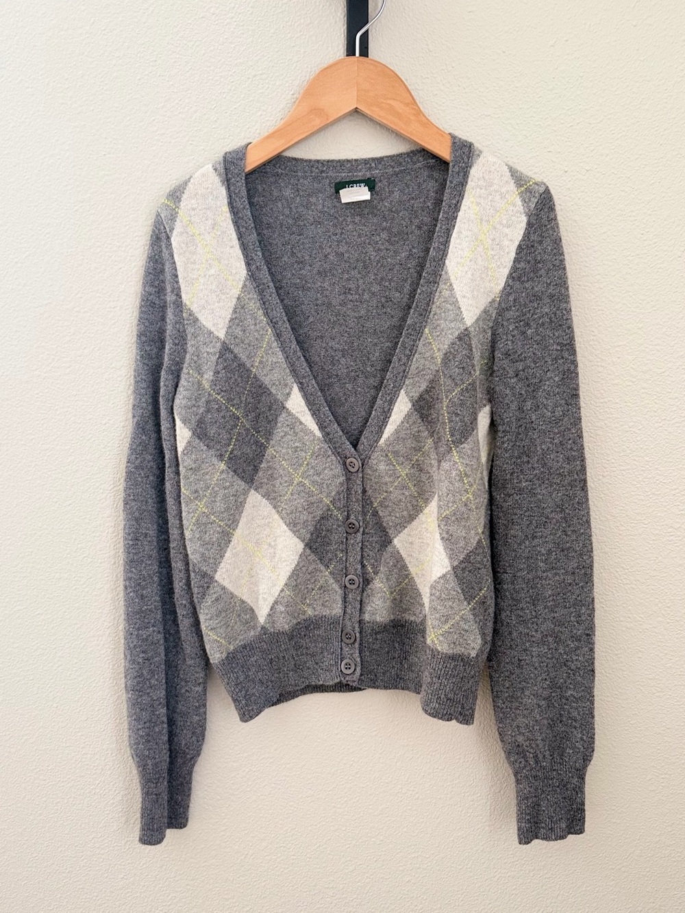 J. Crew Women's Light Grey Argyle V-Neck Wool/Cashmere Cardigan Sweater - XS